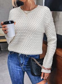 SHEIN LUNE Drop Shoulder Textured Knit Jumper - Apricot - View 3