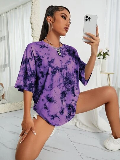 INAWLY Tie Dye Drop Shoulder Tee Grafiska T-shirts Dam Toppar