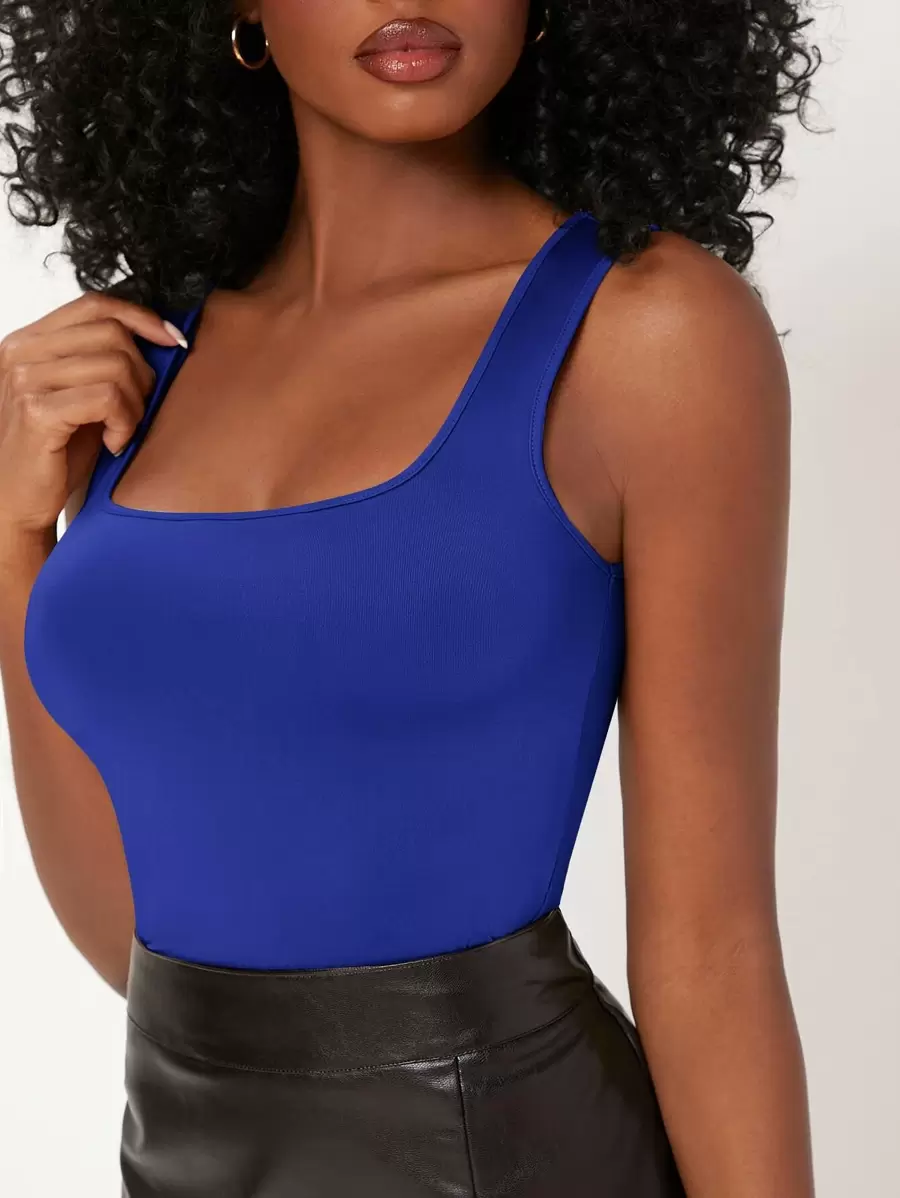 SHEIN BASICS 素色方領背心上衣 - 寶藍色 - 查看 1