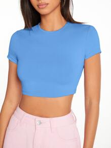 SHEIN BASICS 素色小高領短款上衣 - 藍色 - 查看 7