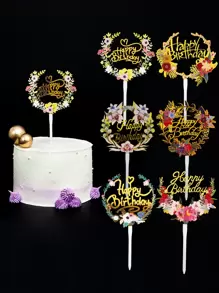 6pcs Birthday Party Flower Detail Cake Topper, Modern PMMA Flower & Letter Design Cake Top Decoration For Birthday Party - Multicolor - View 1