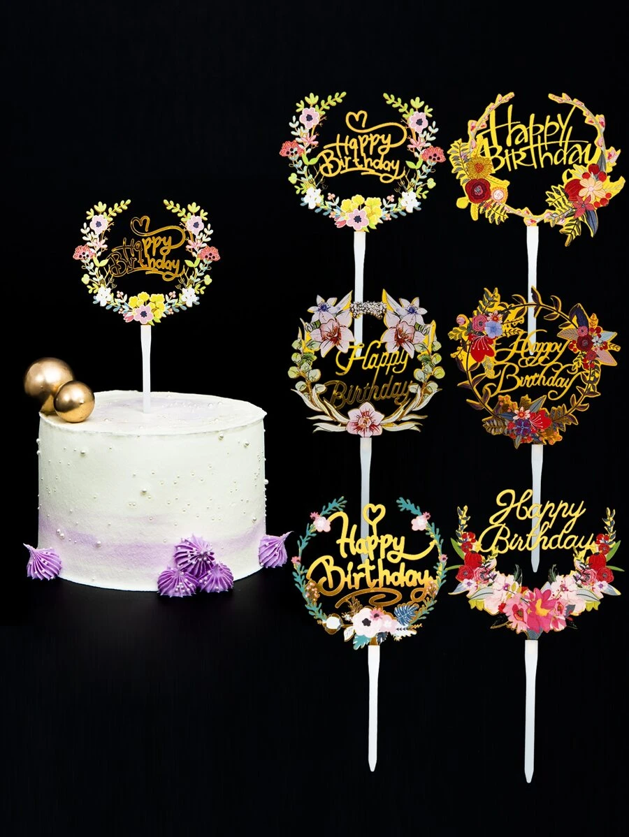 6pcs Birthday Party Flower Detail Cake Topper, Modern PMMA Flower & Letter Design Cake Top Decoration For Birthday Party - Multicolor - View 1