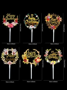 6pcs Birthday Party Flower Detail Cake Topper, Modern PMMA Flower & Letter Design Cake Top Decoration For Birthday Party - Multicolor - View 3