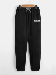 SHEIN Leap Crew Boys Letter Graphic Drawstring Waist Joggers - Black - View 1