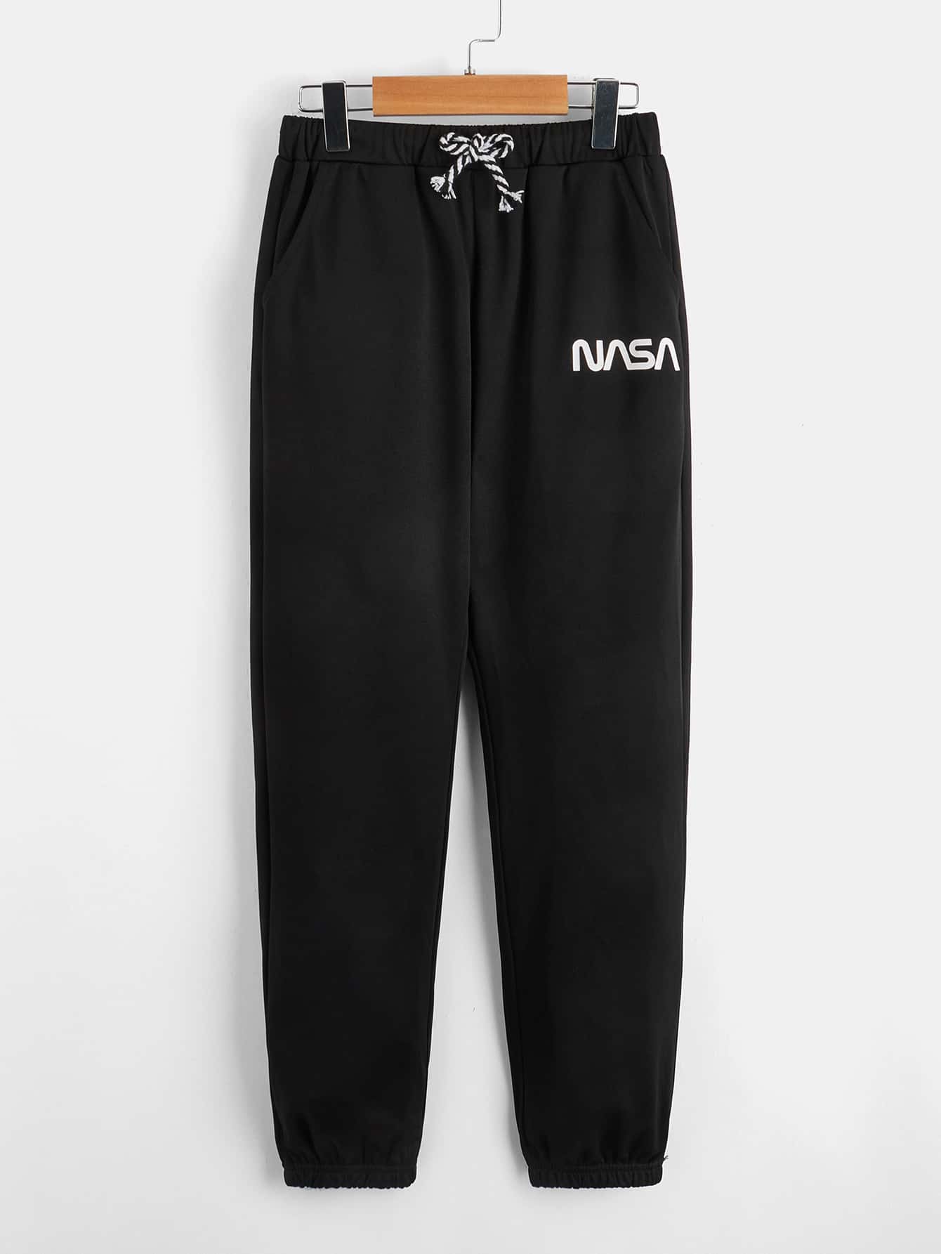 SHEIN Leap Crew Boys Letter Graphic Drawstring Waist Joggers - Black - View 1