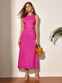 SHEIN VCAY Lace Up Backless Solid Dress - Hot Pink - View 2