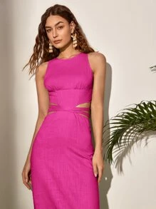 SHEIN VCAY Lace Up Backless Solid Dress - Hot Pink - View 4