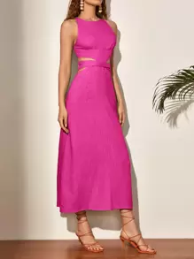 SHEIN VCAY Lace Up Backless Solid Dress - Hot Pink - View 5