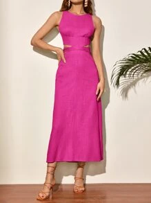 SHEIN VCAY Lace Up Backless Solid Dress - Hot Pink - View 8