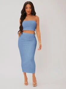 SHEIN SXY Slätt Sexig Tvådelad Outfit - Babyblå - Visa 4