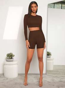 Muchica Shorts biker de talle alto - Café integral - Ver 4