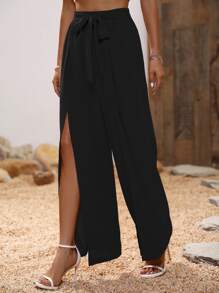 Chiquease 高衩腰帶闊腿褲 - 黑色 - 查看 3