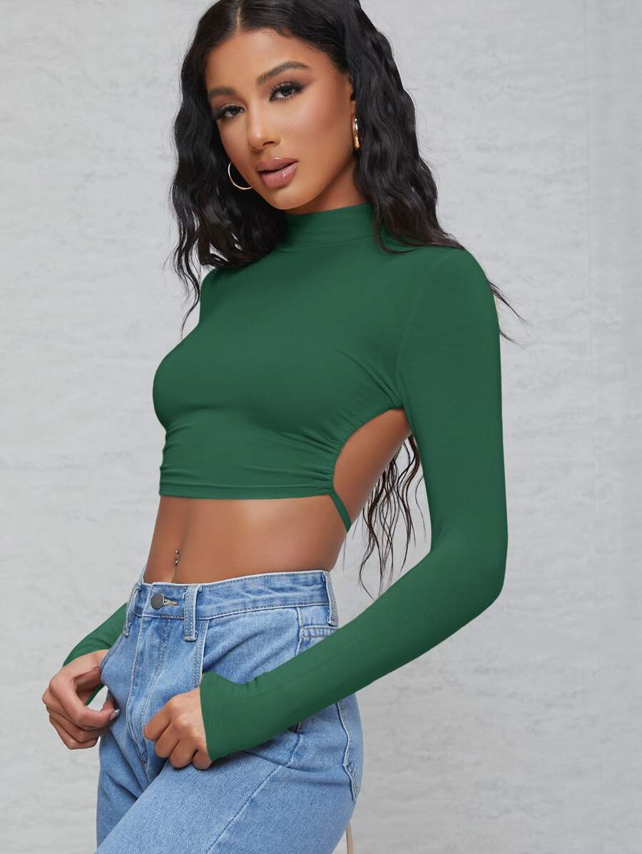 SHEIN BAE Áo thun nữ Lộ Lưng Buộc lại màu trơn Gợi cảm - Màu xanh lá cây đậm - Xem 1