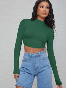 SHEIN BAE Áo thun nữ Lộ Lưng Buộc lại màu trơn Gợi cảm - Màu xanh lá cây đậm - Xem 2