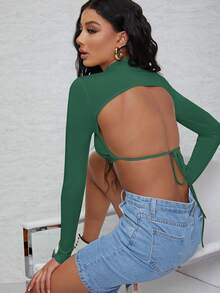 SHEIN BAE Áo thun nữ Lộ Lưng Buộc lại màu trơn Gợi cảm - Màu xanh lá cây đậm - Xem 3