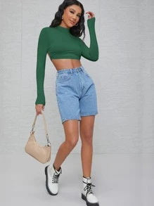 SHEIN BAE Áo thun nữ Lộ Lưng Buộc lại màu trơn Gợi cảm - Màu xanh lá cây đậm - Xem 5