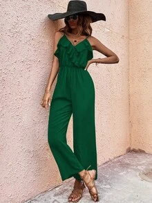 SHEIN Unity Ruffle Trim Cami Jumpsuit - Dark Green - View 5