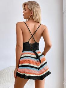 SHEIN Swim Colorblock Cut Out Lace Up Back Cover Up Dress,Summer Beach - Multicolor - View 2