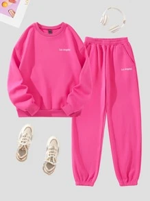 SHEIN Unity Letter Graphic Thermal Lined Sweatshirt & Joggers - Hot Pink - View 1