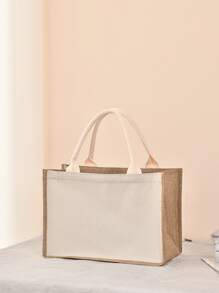 粗麻手提袋配有堅固的手柄，可重複使用的麻質手提包，適用於結婚禮物、日常使用、旅行、海灘收納組織、雙把手帶式購物袋、簡約的亞麻手提袋、購物袋、純色禮品袋，適用於節日、夏季必備，是度假和假期的完美選擇 - 米色 - 查看 1