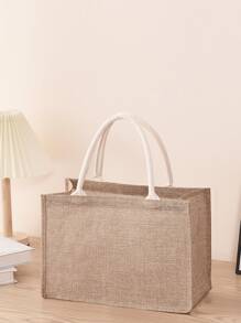粗麻手提袋配有堅固的手柄，可重複使用的麻質手提包，適用於結婚禮物、日常使用、旅行、海灘收納組織、雙把手帶式購物袋、簡約的亞麻手提袋、購物袋、純色禮品袋，適用於節日、夏季必備，是度假和假期的完美選擇 - 米色 - 查看 2