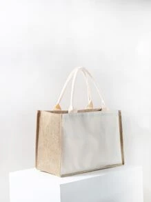 粗麻手提袋配有堅固的手柄，可重複使用的麻質手提包，適用於結婚禮物、日常使用、旅行、海灘收納組織、雙把手帶式購物袋、簡約的亞麻手提袋、購物袋、純色禮品袋，適用於節日、夏季必備，是度假和假期的完美選擇 - 米色 - 查看 5