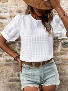 SHEIN LUNE Ladies" White Round Neck Short Bubble Sleeve Shirt, Ideal For Vacation And Casual Outfits In Summer - White - View 5