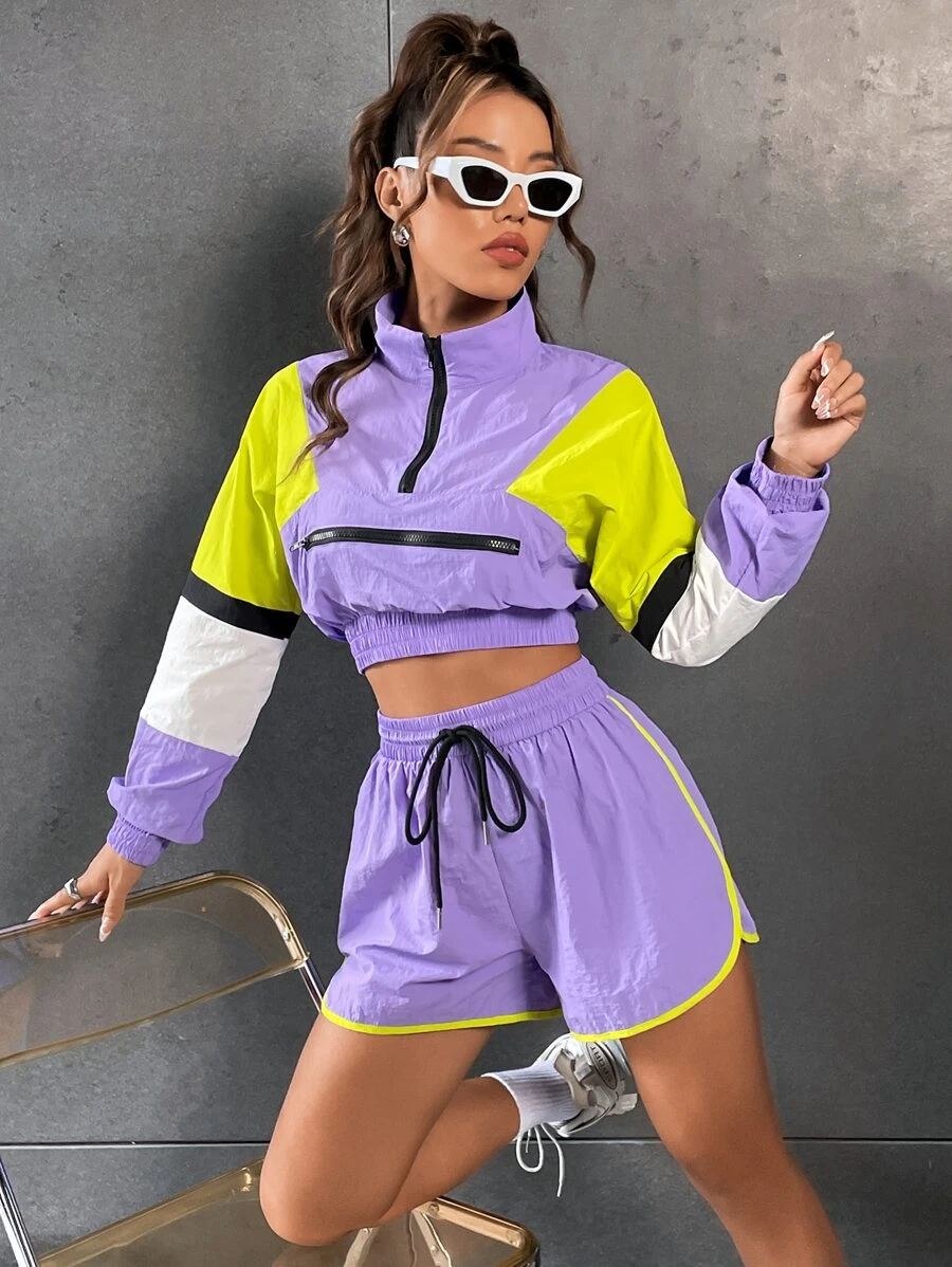 SHEIN Unity Colourblock Half Zip Sweatshirt & Drawstring Waist Shorts - Multicolor - View 1