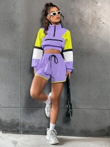 SHEIN Unity Colourblock Half Zip Sweatshirt & Drawstring Waist Shorts - Multicolor - View 4