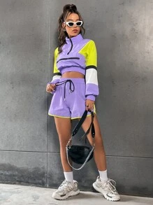 SHEIN Unity Colourblock Half Zip Sweatshirt & Drawstring Waist Shorts - Multicolor - View 5