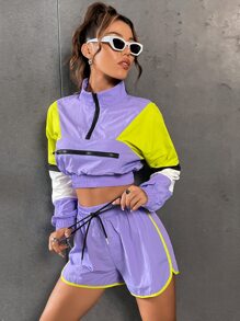 SHEIN Unity Colourblock Half Zip Sweatshirt & Drawstring Waist Shorts - Multicolor - View 6