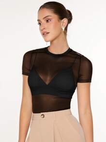 SHEIN BAE See Through Mesh Top Without Bra - Black - View 5