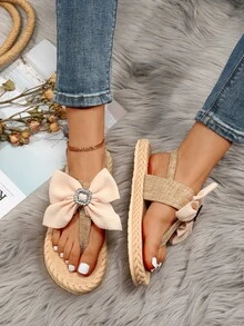 女士水鑽和蝴蝶結裝飾丁字褲度假夏天平底涼鞋 - 米色 - 查看 4
