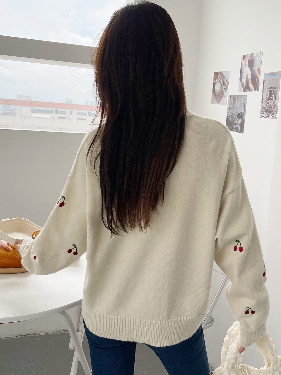Cherry Embroidery Drop Shoulder Cardigan,Long Sleeve Tops,Fall Clothes Jacket