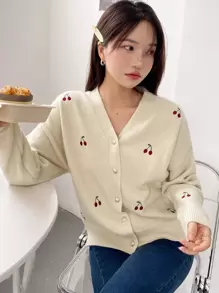 DAZY Cardigan cu umeri căzuți și broderie de cireșe, bluze cu mânecă lungă, haine de toamnă