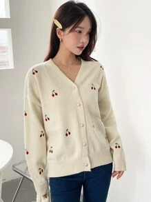 DAZY Cardigan cu umeri căzuți și broderie de cireșe, bluze cu mânecă lungă, haine de toamnă