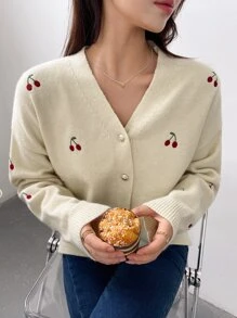 DAZY Cardigan cu umeri căzuți și broderie de cireșe, bluze cu mânecă lungă, haine de toamnă