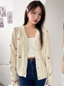 DAZY Cardigan cu umeri căzuți și broderie de cireșe, bluze cu mânecă lungă, haine de toamnă