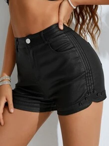 High Waist Studded Detail PU Leather Shorts - Black - View 1