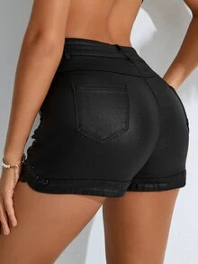 High Waist Studded Detail PU Leather Shorts - Black - View 2