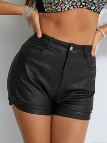 High Waist Studded Detail PU Leather Shorts - Black - View 6
