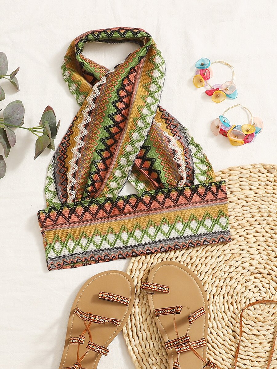 SHEIN VCAY Áo hai dây Lộ Lưng Hội Chữ thập Cắt ra Hình học Boho - Nhiều màu - Xem 1