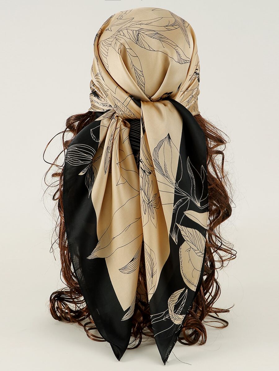 1入組90cm方形圖案圍巾女士緞面頭圍巾 - 駝色 - 查看 1
