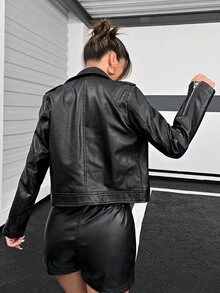 Zip Up PU Leather Biker Jacket - Black - View 2