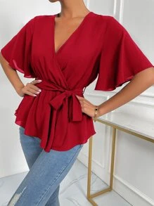 Solid Wrap Belted V-neck Blouse - Red - View 1
