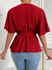 Solid Wrap Belted V-neck Blouse - Red - View 2