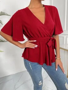 Solid Wrap Belted V-neck Blouse - Red - View 4
