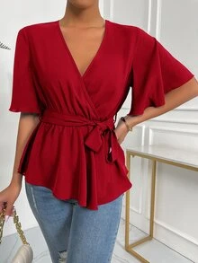Solid Wrap Belted V-neck Blouse - Red - View 5