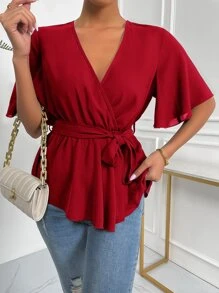 Solid Wrap Belted V-neck Blouse - Red - View 6