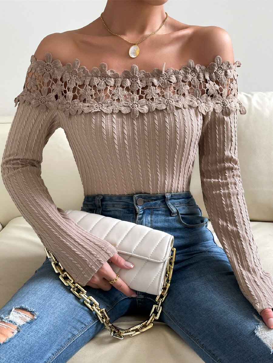 SHEIN Privé Off Shoulder Guipure Lace Trim Tee - Apricot - View 1